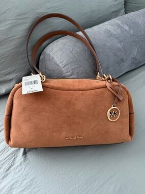 Michael Kors Suede Shoulder Bag in Cognac Brown with Gold Hardware